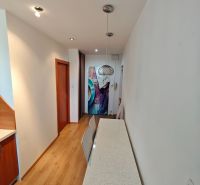 A narrow hallway in a one-room apartment with a wooden-decor floor and a pendant light.