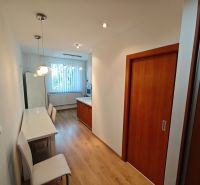 A kitchen in a studio apartment with a bar table and a wooden decor floor.