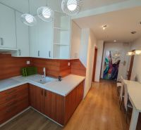 A kitchen in a studio apartment with wood-patterned flooring and modern lighting.