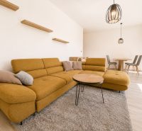 Living room in a 3-room apartment with a comfortable mustard sofa and decorative shelves.