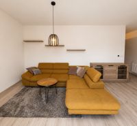 Living room in a 3-room apartment with a mustard-colored sofa, wooden decor flooring.