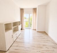 A bright room with a wood-patterned floor and a cabinet in a 3-room apartment.