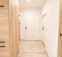 Cozy hallway in a 3-room apartment with a wooden decor floor.