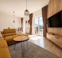 Living room in a 3-room apartment with a sofa, table, TV, and floor with a wooden decor.