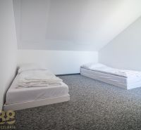 Two beds in the attic of the Holiday Apartment with smooth white walls and carpeted floor.