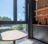 Kitchen corner in a holiday apartment with a window and wooden shelves.