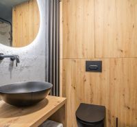Bathroom in a holiday apartment with a black sink and a wall with a wooden decor.
