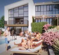 Garden of the Recreational Apartment in Košice, Staré Mesto district, with a pool and relaxation zone.