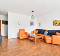 Living room in a 3-room apartment with an orange sofa and a floor with a wood design.
