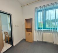 Office with a window, blinds, cabinet, and chair, floor with wooden decor.