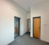 Interior with two wooden doors and light-colored walls in an office.