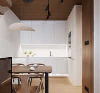 Dining area in a studio apartment with wood-patterned flooring and a wooden ceiling.