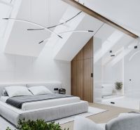 A stylish bedroom with a large bed, complemented by glass doors and a wooden decor floor.