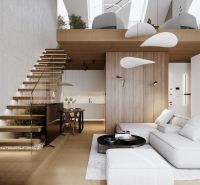 Bright 1-room apartment with open stairs and wood-patterned flooring.