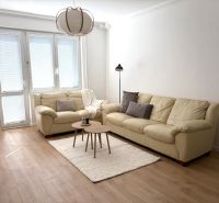 Living room in a 3-room apartment with light furniture and a wooden decor floor.