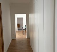 A hallway with a wood-patterned floor and built-in wardrobes in a 3-room apartment.