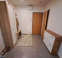 A hallway in a 3-room apartment with wooden decor furniture and a doormat.