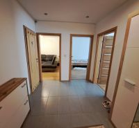 A hallway of a 3-room apartment with a wooden decor floor and a view into the rooms.