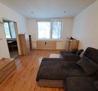 Living room in a 3-room apartment with a comfortable sofa and a wooden decor floor.