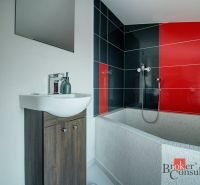A bathroom in a family house with black and red tiles and a sink on a cabinet.