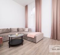 Living room in a two-room apartment with a wooden decor floor and pink curtains.