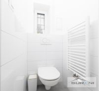 A bathroom with white tiles and a wall-mounted radiator in a 2-room apartment.