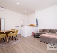 Living room in a two-room apartment with a wooden decor floor, yellow chairs, sofa.