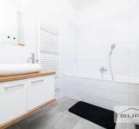 Bathroom in a 2-room apartment with a bathtub, sink, cabinet, and shelving unit.