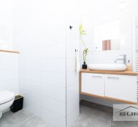 A bright bathroom with modern furniture, a sink, and a mirror in a two-room apartment.