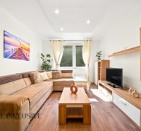 Living room with a corner sofa, decorations, wood-patterned flooring, and a television.