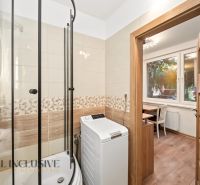 Bathroom with a washing machine and a shower in a 2-room apartment, with a view into the room with a wooden decor floor.