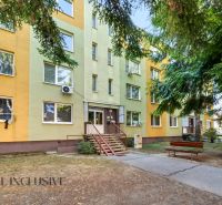 The entrance to the apartment building on Nešporova Street in Šaľa, with a bench and trees.