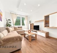 A bright living room with a comfortable sofa and wood-patterned flooring in a two-room apartment.