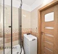 Shower corner and washing machine in the bathroom of a 2-room apartment with wooden floor decor.