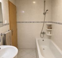 A bathroom in a family house with a bathtub, shower, and a sink in the corner.