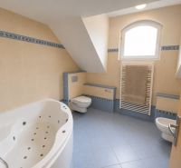 A bathroom in a family house with a hydromassage bathtub and blue tiles.