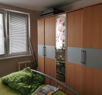 A bedroom in a studio apartment with a wardrobe and a bed.