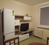 A kitchen in a furnished studio apartment with a refrigerator and a television.