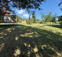The garden of a family house in Čaradice with a trampoline and fruit trees.