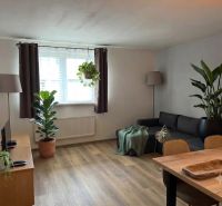 Living room with plants, wood-patterned flooring, dark sofa, and curtains in a family house.