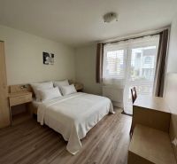 Bedroom in a family house with a bed, wardrobe, and wooden decor flooring.