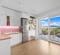 A kitchen in a 4-room apartment with a balcony and a wooden decor floor.