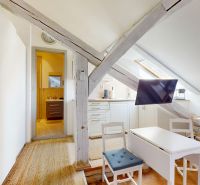 Attic studio apartment with white furniture, wood-patterned flooring, skylight.