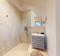 A bathroom in a studio apartment with an open shower and a sink with a cabinet.