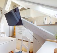 Interior of a 1-room apartment with a white kitchen and a decorative plant.