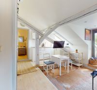 Attic studio apartment with a view and wooden decor flooring.