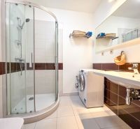 Beautiful bathroom in a studio apartment with a shower and a washing machine.