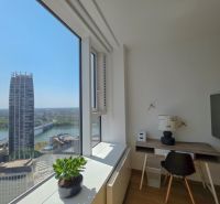 Interior of a 1-bedroom apartment with a view of the river and modern architecture.