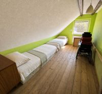 Attic room in a family house with two beds, wooden floor decor, and a cart.