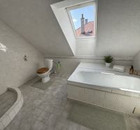 A bathroom in a family house with a bathtub, toilet, and skylight.